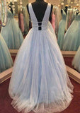 A-line V Neck GlitterProm Dress with Beading and Long Floor-Length Tulle-27dress