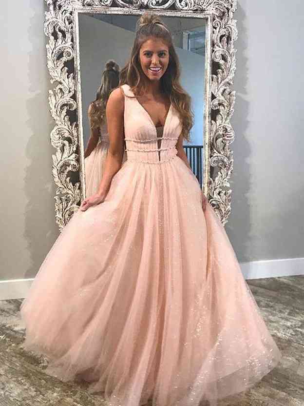 A-line V Neck GlitterProm Dress with Beading and Long Floor-Length Tulle-27dress