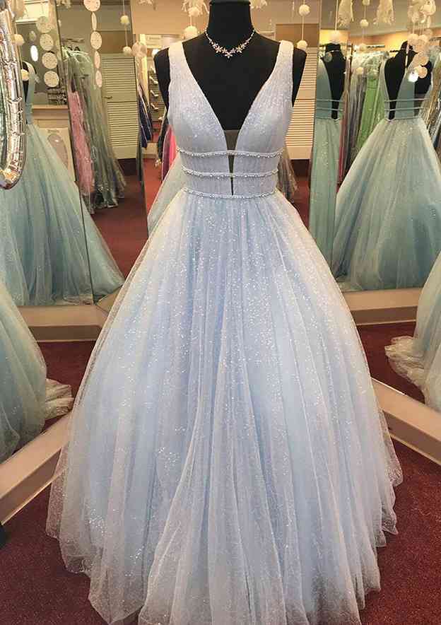 A-line V Neck GlitterProm Dress with Beading and Long Floor-Length Tulle-27dress