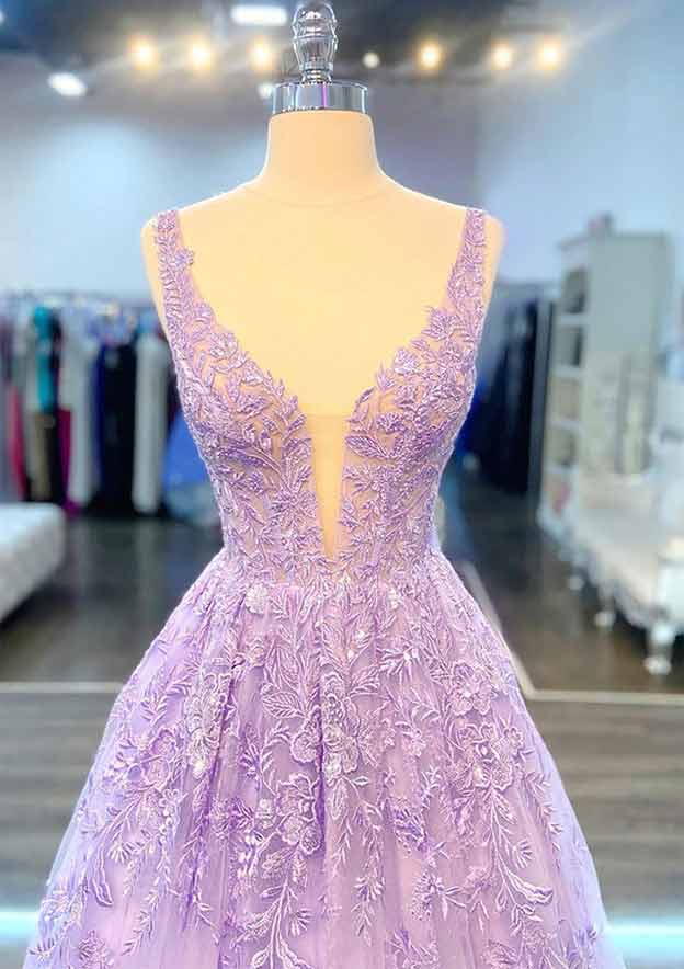 A-line V Neck Long Lace Prom Dress With Beading-27dress