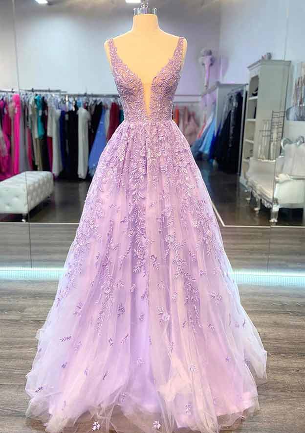 A-line V Neck Long Lace Prom Dress With Beading-27dress