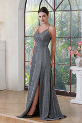 A-line V-Neck Long Prom Dress With Slit and Pocket-27dress