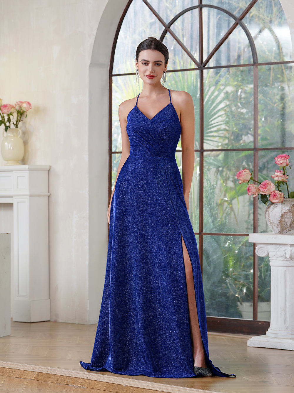 A-line V-Neck Long Prom Dress With Slit and Pocket-27dress