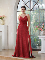 A-line V-Neck Long Prom Dress With Slit and Pocket-27dress