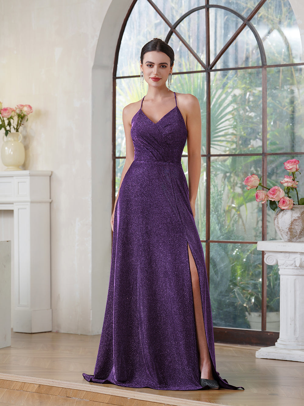 A-line V-Neck Long Prom Dress With Slit and Pocket-27dress