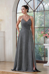 A-line V-Neck Long Prom Dress With Slit and Pocket-27dress