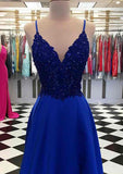 A-line V Neck Long Satin Prom Dress With Appliqued Beading and Regular Straps-27dress