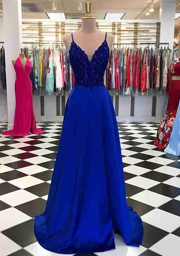 A-line V Neck Long Satin Prom Dress With Appliqued Beading and Regular Straps-27dress