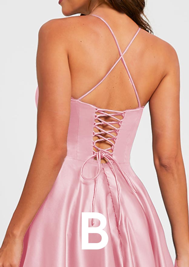 A-Line V-Neck Long Satin Prom Dress with Pleats-27dress