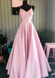 A-Line V-Neck Long Satin Prom Dress with Pleats-27dress