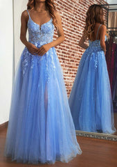 A-line V Neck Long/Floor-Length Tulle Prom Dress with Split Glitter Sparkles-27dress