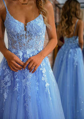 A-line V Neck Long/Floor-Length Tulle Prom Dress with Split Glitter Sparkles-27dress