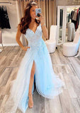 A-line V Neck Prom Dress with Glitter Split Appliques and Tulle Sweep Train-27dress