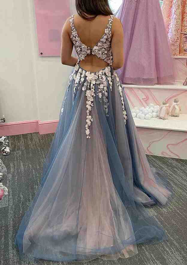 A-Line V-Neck Regular Straps Tulle Prom Dress With Appliqued Split-27dress