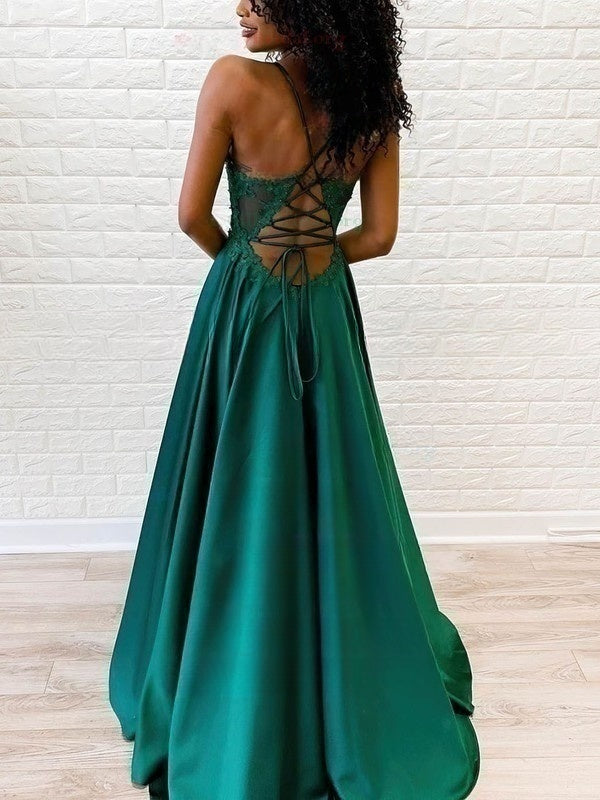 A-Line V-neck Satin Beading Prom Dresses with Sweep Train