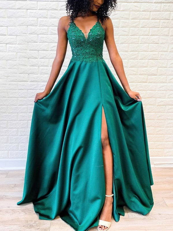 A-Line V-neck Satin Beading Prom Dresses with Sweep Train