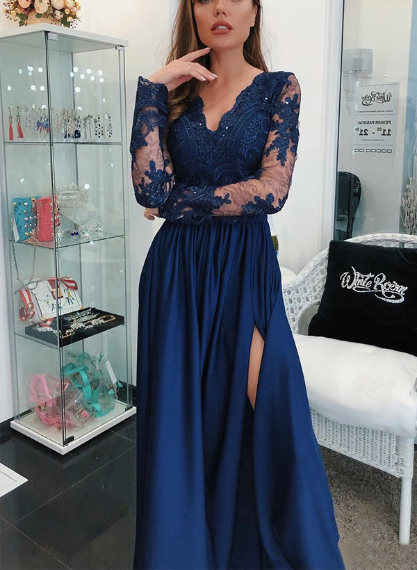 A-Line V-Neck Satin Navy Blue Prom Dress With Split Front-27dress