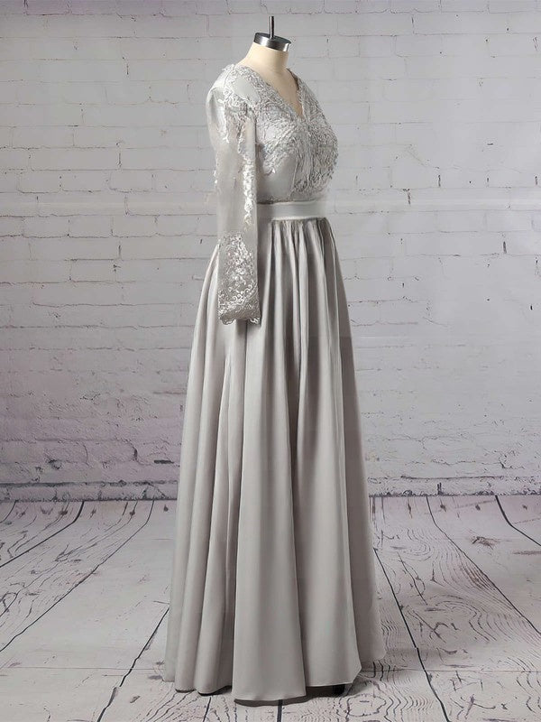 A-Line V-Neck Satin Prom Dress with Appliques and Lace