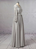 A-Line V-Neck Satin Prom Dress with Appliques and Lace