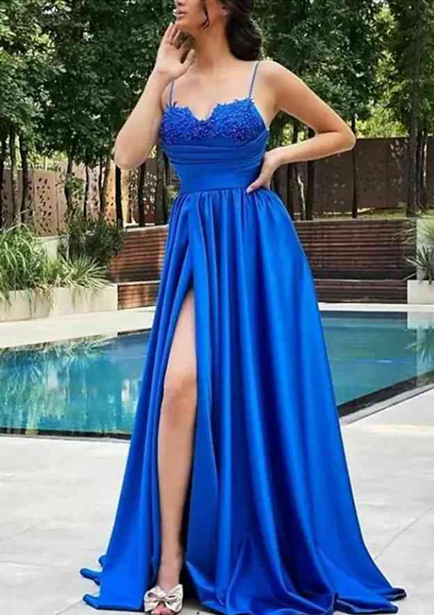 A-Line V-Neck Satin Prom Dress With Beading Pleats and Split-27dress