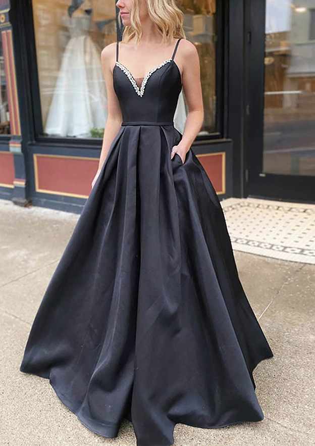 A-line V Neck Satin Prom Dress With Beading Pockets and Spaghetti Straps for Floor-Length Look-27dress