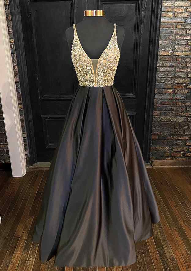 A-Line V Neck Satin Prom Dress With Beading Sequins and Spaghetti Straps-27dress