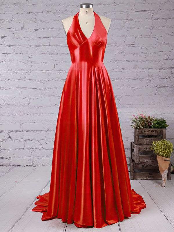 A-line V-neck Satin Prom Dress with Court Train and Split Front