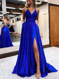 A-line V-neck Satin Prom Dress with Lace Appliques and Sweep Train