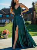 A-line V-neck Satin Prom Dress with Lace Appliques and Sweep Train