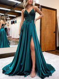 A-line V-neck Satin Prom Dress with Lace Appliques and Sweep Train