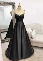 A-line V Neck Satin Prom Dress with Pleated Detail for Long/Floor-Length Style-27dress