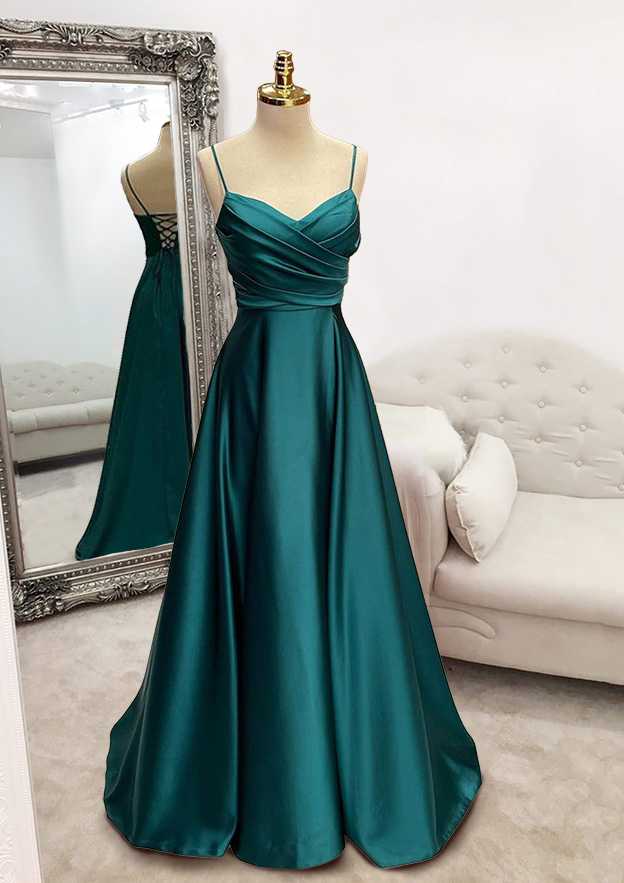 A-line V Neck Satin Prom Dress with Pleated Detail for Long/Floor-Length Style-27dress