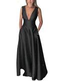 A-Line V-Neck Satin Prom Dress with Pockets