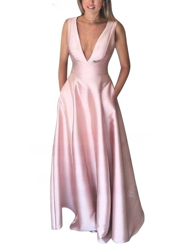 A-Line V-Neck Satin Prom Dress with Pockets