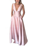 A-Line V-Neck Satin Prom Dress with Pockets