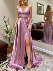 A-line V-neck Satin Prom Dress with Split Front and Sweep Train