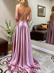 A-line V-neck Satin Prom Dress with Split Front and Sweep Train