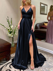 A-line V-neck Satin Prom Dress with Split Front and Sweep Train