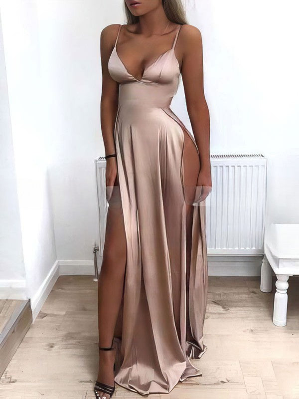 A-line V-neck Satin Split Front Prom Dress with Sweep Train