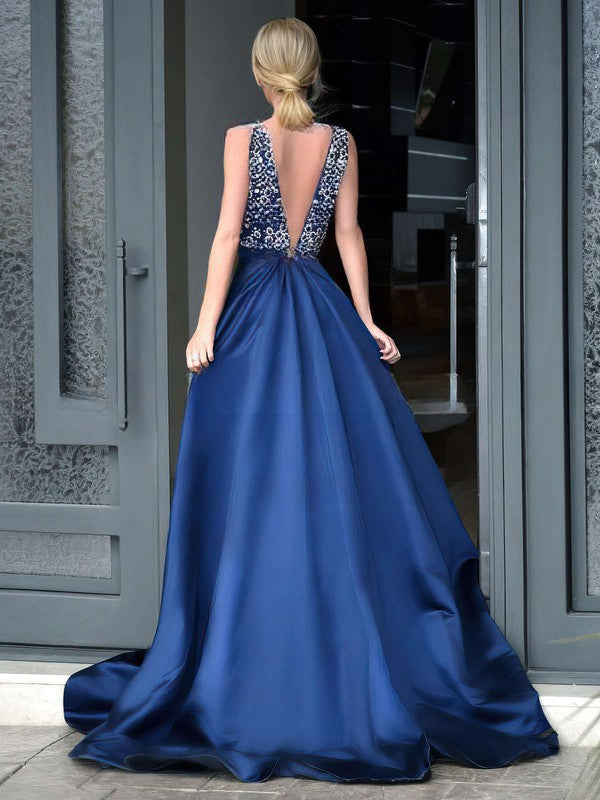 A-line V-neck Satin Sweep Train Beading Prom Dresses