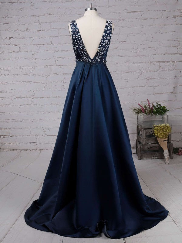 A-line V-neck Satin Sweep Train Beading Prom Dresses