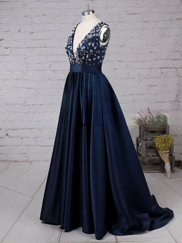 A-line V-neck Satin Sweep Train Beading Prom Dresses