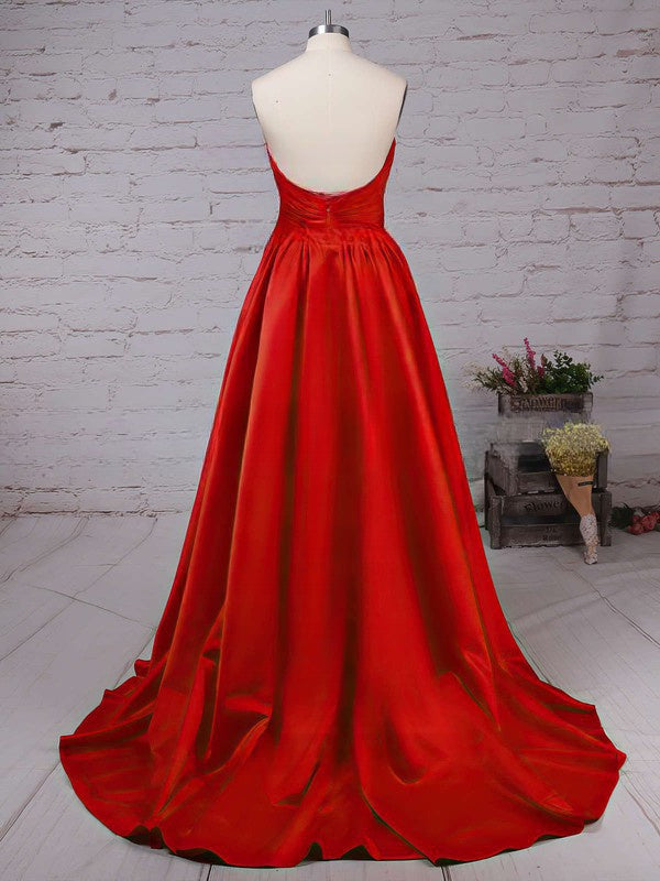 A-line V-neck Satin Sweep Train Ruffles Prom Dresses