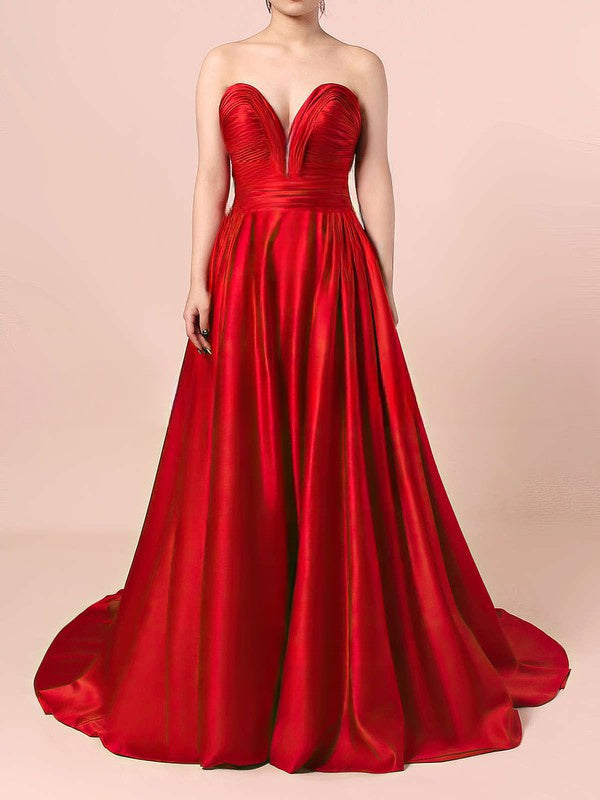 A-line V-neck Satin Sweep Train Ruffles Prom Dresses