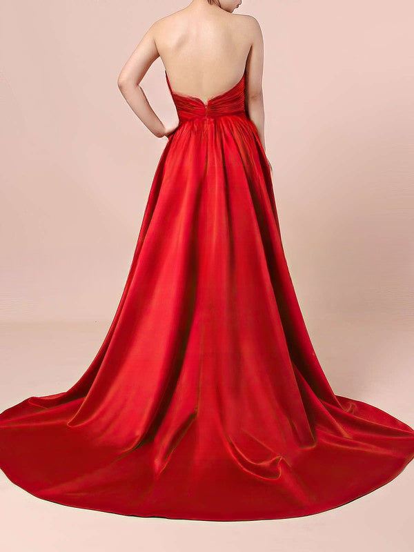 A-line V-neck Satin Sweep Train Ruffles Prom Dresses