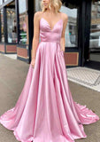 A-line V Neck Sleeveless Charmeuse Prom Dress With Pockets and Sweep Train-27dress