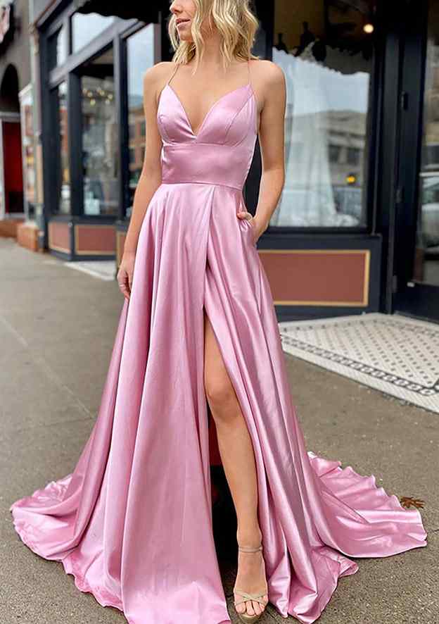 A-line V Neck Sleeveless Charmeuse Prom Dress With Pockets and Sweep Train-27dress