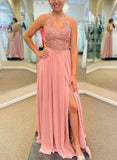 A-Line V-Neck Sleeveless Chiffon Floor-Length Prom Dress With Lace-27dress