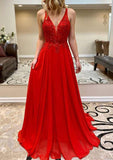 A-Line V Neck Sleeveless Chiffon Prom Dress With Appliqued Beading-27dress