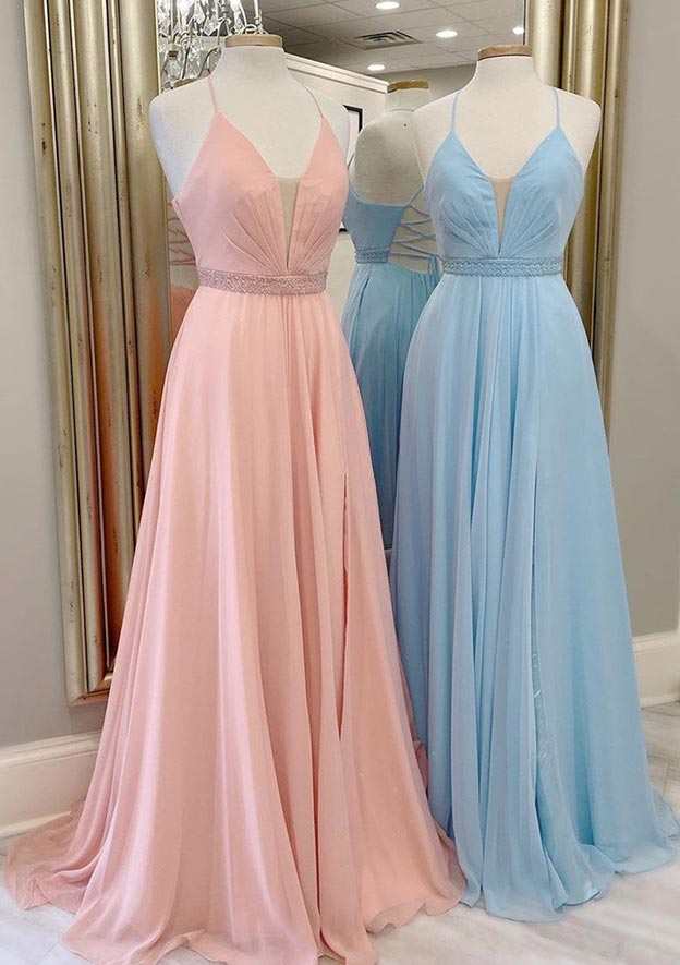 A-line V Neck Sleeveless Chiffon Sweep Train Prom Dress With Beading Pleated-27dress